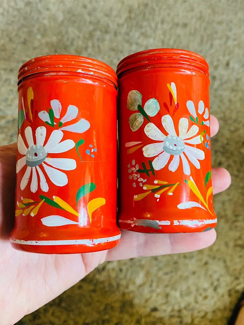 Hand-Painted Ransburg Floral Metal Canister Salt & Pepper Set in Bright Orange
